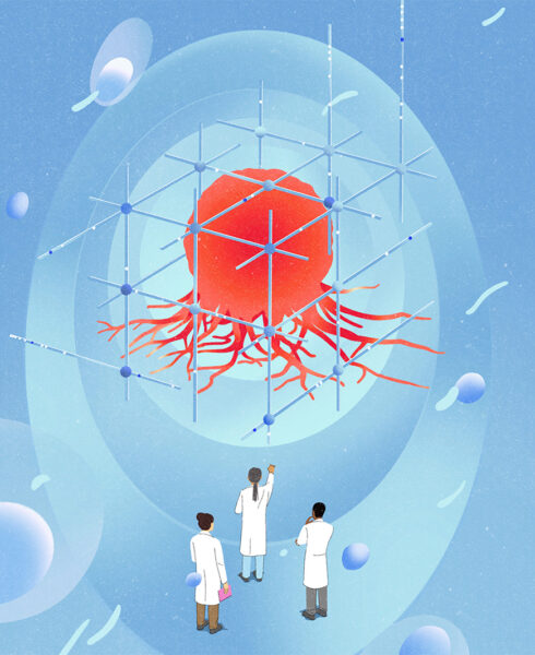 An illustration shows medical personnel looking at a large grid surrounding a bright red cancer cell.